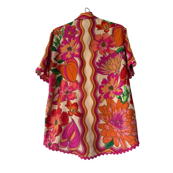 FARM Rio Spring Affair Floral Linen Button Top Ric Rac Applique M Oversize EUC - Picture 5 of 6